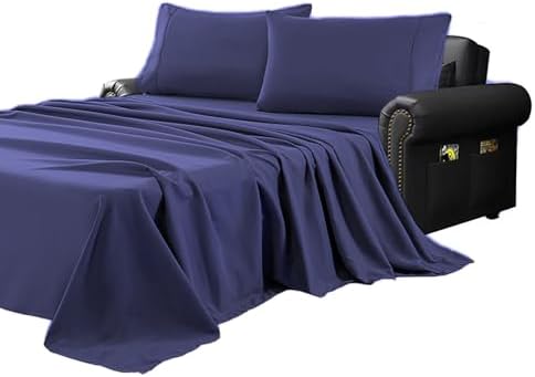 Kingnex Queen Sleeper Sofa Bed Sheets for 60x74 Pull Out Sofa Bed with 4-6 Deep Pocket Soft Double Brushed 1800 Microfiber 4 Piece Bedding Set Navy