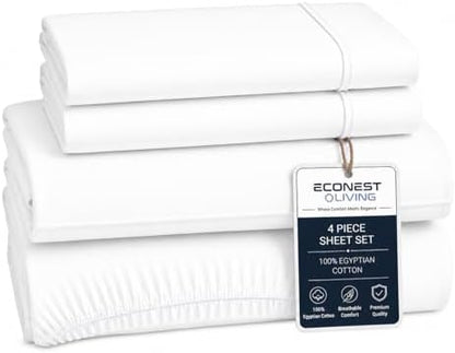 Twin XL Sheet Set, 100% Egyptian Cotton, 4-Pc Deep Pocket Bed Sheets, White