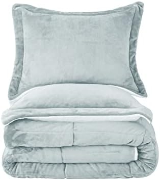 Sherpa Comforter Set Full Queen Size, Light Grey Bedding Set with Shams