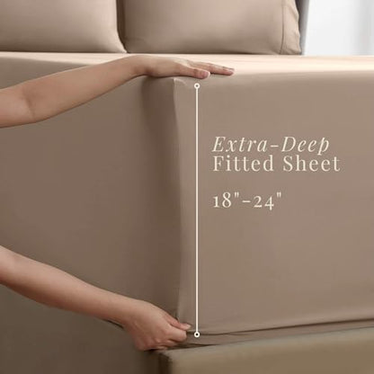 Hearth & Harbor Extra Deep Pocket Queen Sheets Sets - Fits Mattress 18-24 Inches Deep - Extra Deep Pocket Sheets - 6 Piece Queen Size - Taupe