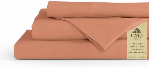 Linen Home 100% Cotton Percale Sheets Twin XL Size, Tera Clay, Deep Pocket, 3 Pieces Set- 1 Flat, 1 Fitted and 1 Pillowcase, Crisp Cool and Long Staple Strong Bed Linen