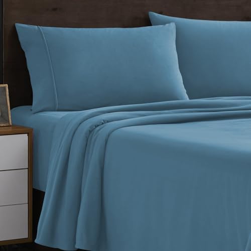 Sweet Home Collection Flannel Sheet Set, Denim Blue King, Deep Pocket Soft Brushed Microfiber All-Season Bedding with Fitted Sheet, Flat Sheet & Pillowcase(s)
