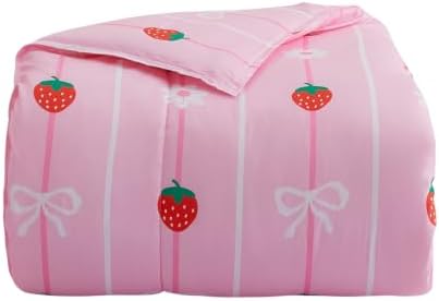 Yibeizi Pink Strawberry Comforter Set for Girls Twin Bow Striped Bedding