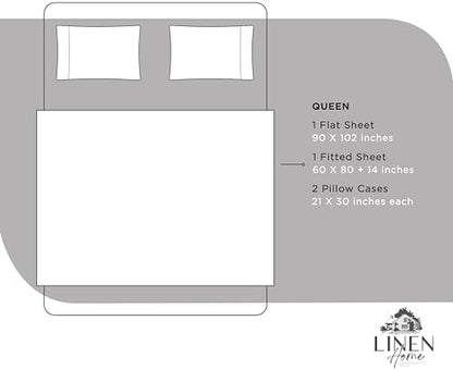 Linen Home Queen Sheets 100% Cotton Percale, 4 Pc Cooling Set - Snow White