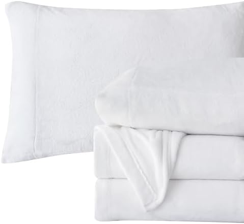 Elegant Comfort Luxuriously Soft 4-Piece Velvet Plush Flannel Sheet Set - Premium Quality - Cozy Warm, Anti-Static, Non Pilling Fuzzy Velvet Flannel Fleece Deep Pocket Sheet Set - Queen, White