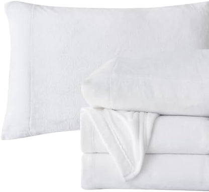 Elegant Comfort Luxuriously Soft 4-Piece Velvet Plush Flannel Sheet Set - Premium Quality - Cozy Warm, Anti-Static, Non Pilling Fuzzy Velvet Flannel Fleece Deep Pocket Sheet Set - Queen, White