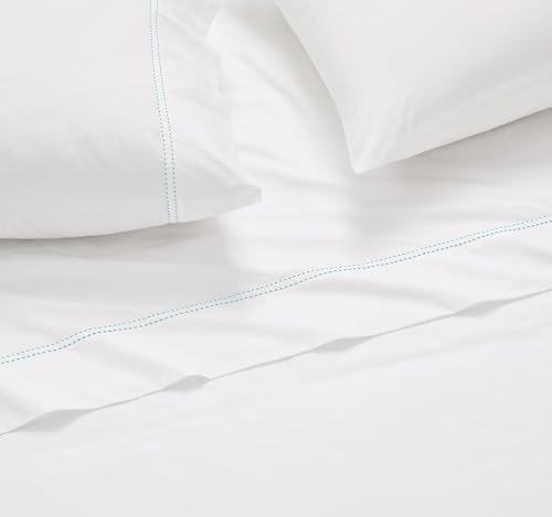 SCOUT 100% Cotton 200 Thread Count Percale Pick Stitch White/Seafoam 3-Piece Twin XL Sheet Set, Solid Themed, Adult Bedding, Oeko-TEX Certified