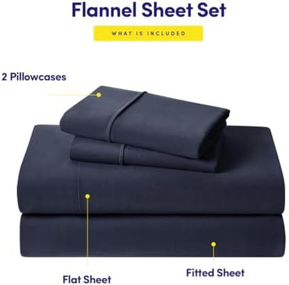 Flannel Sheets Warm and Cozy Deep Pocket Breathable All Season Bedding Set with Fitted, Flat and Pillowcases, Twin, Navy