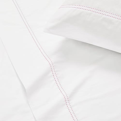 SCOUT 100% Cotton 200 Thread Count Percale Pick Stitch White/Pink Lemonade 3-Piece Twin XL Sheet Set, Solid Themed, Adult Bedding, Oeko-TEX Certified
