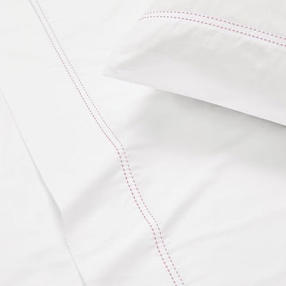 SCOUT 100% Cotton 200 Thread Count Percale Pick Stitch White/Pink Lemonade 4-Piece Queen Sheet Set, Solid Themed, Adult Bedding, Oeko-TEX Certified