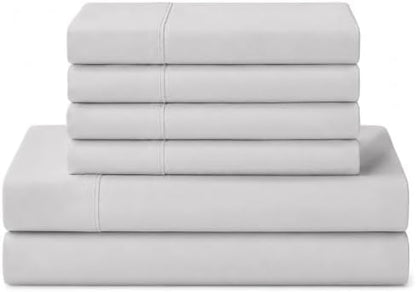 Linen Home 100% Cotton Percale Sheets King Size, Silver, Deep Pocket, 6 Pieces Set- 1 Flat, 1 Fitted and 4 Pillowcases, Crisp Cool and Long Staple Strong Bed Linen