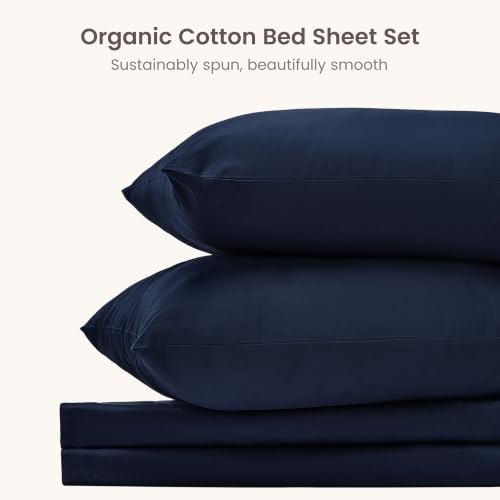 BIOWEAVES 100% Organic Cotton Sheets, 300 Thread Count 4-Piece GOTS Certified Bed Sheet Set Fits Mattress Upto 17" Deep Pocket, Soft & Silky Sateen Weave (Queen, Navy Blue)