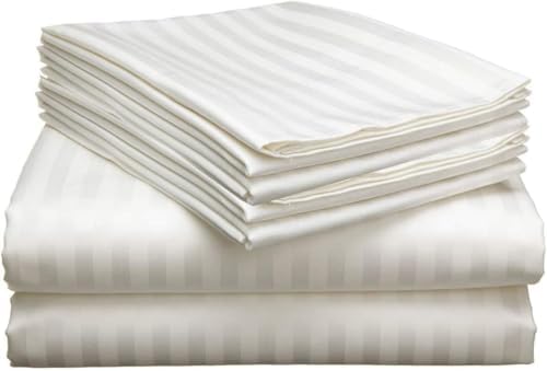 Mattress-Homes 6 Piece Cal-King Sheet Set, Hotel Luxury Collection, 100% Egyptian Cotton, 18 Inch Deep Pocket Fitted Sheet, Soft & Cool, Breathable Bedding with 4 Pillowcases in Ivory Stripe