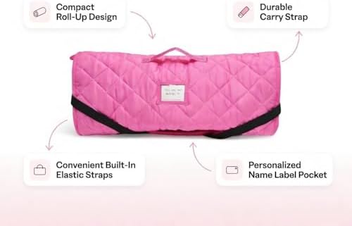 EVERYDAY KIDS Cute Preschooler and Toddler Cot Nap Mat for Home, Daycare, Preschool and Kindergarten; Easy to Roll Sleeping Mat with Elastic Straps, Pillow and Blanket