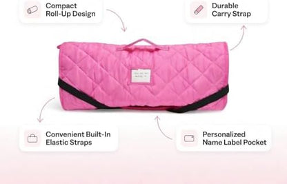 EVERYDAY KIDS Cute Preschooler and Toddler Cot Nap Mat for Home, Daycare, Preschool and Kindergarten; Easy to Roll Sleeping Mat with Elastic Straps, Pillow and Blanket