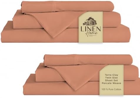 Linen Home 100% Cotton Percale Sheets Twin Size Pack of 2, Tera Clay, Deep Pocket, 6 Pieces Set- 2 Flat, 2 Fitted and 2 Pillowcases, Crisp Cool and Long Staple Strong Bed Linen