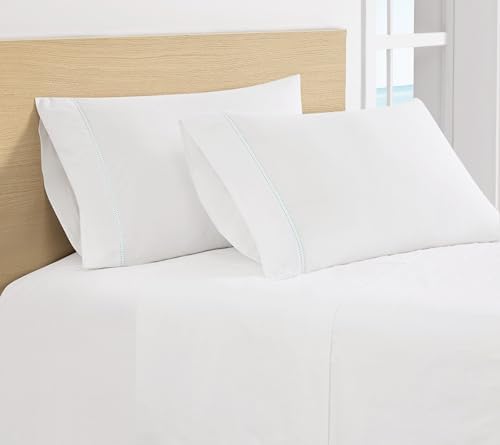 SCOUT 100% Cotton Percale Pick Stitch 2-Piece King Pillowcases in White/Seafoam, Solid Color, Oeko-TEX Certified