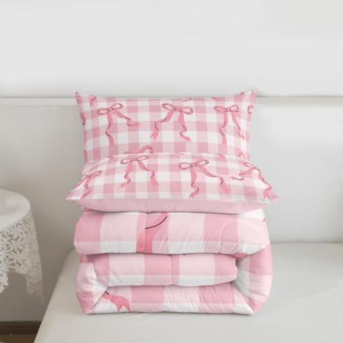 jejeloiu Girls Pink Bow Kids Comforter Set Queen Size Bow Bedding Set Cute Bowknot Duvet Quilt for Kids Boys Girls Bedroom Decor Microfiber Ultra Soft Breathable