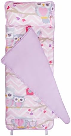 EVERYDAY KIDS Nap Mat with Removable Pillow - Carry Handle with Straps Closure, Rollup Design, Soft Microfiber for Preschool, Daycare, Travel Sleeping Bag - Sweet Owls