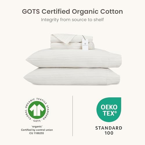 BIOWEAVES 100% Organic Cotton Sheets, 300 Thread Count 4-Piece GOTS Certified Bed Sheet Set Fits Mattress Upto 17" Deep Pocket, Soft & Silky Sateen Weave - King, Natural/Biscotti Stripes