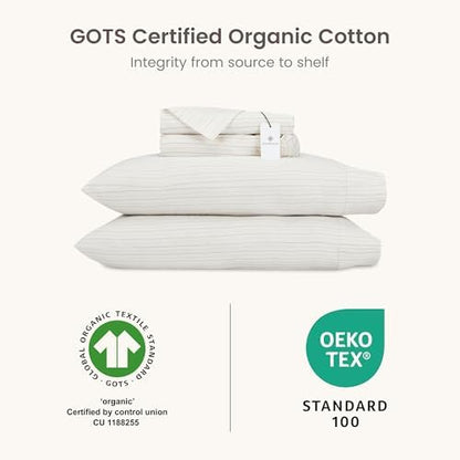 BIOWEAVES 100% Organic Cotton Sheets, 300 Thread Count 4-Piece GOTS Certified Bed Sheet Set Fits Mattress Upto 17" Deep Pocket, Soft & Silky Sateen Weave - Twin, Natural/Biscotti Stripes