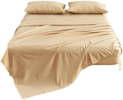 Kingnex Olympic Queen Sheets Sets 66x80 for Super Queen Bed Soft Double Brushed 1800 Microfiber 4 Pcs Include 1 Fitted Sheet 1 Flat Sheet 2 Pillowcase Beige