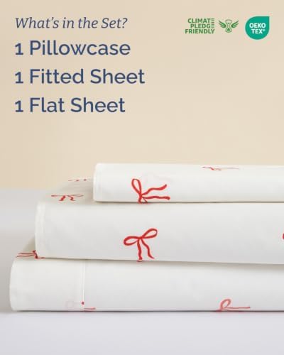 Christmas Sheet Set, Dainty Red Bows, Holiday Xmas Bedding Set - Twin XL
