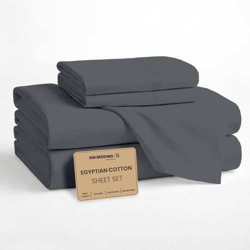 SGI bedding 100% Egyptian Cotton Sheets Queen Size – Cooling Sheets, Soft Breathable Dark Grey Bedding, Luxury Bedding, Luxury Hotel Sheet Set, Deep Pocket 16", 4 Piece Set