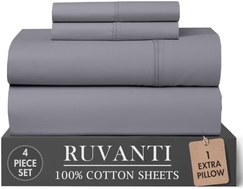 RUVANTI 100% Cotton Twin XL Sheets, Percale Weave Twin XL Set, Cool Gray