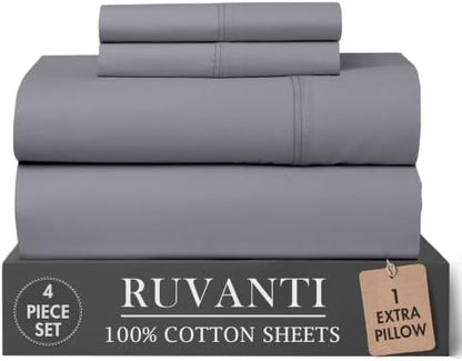 RUVANTI 100% Cotton Twin XL Sheets, Percale Weave Twin XL Set, Cool Gray