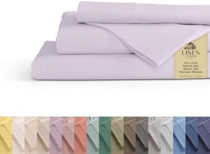 Linen Home 100% Cotton Percale Sheets Twin XL Size, Iris Lilac, Deep Pocket, 3 Pieces Set- 1 Flat, 1 Fitted and 1 Pillowcase, Crisp Cool and Long Staple Strong Bed Linen