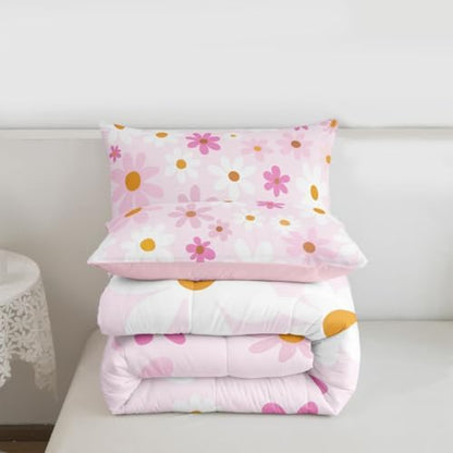 jejeloiu Cute Flower Comforter Set King Size Pink White Daisy Bedding Set for Kids Boys Girls Blossom Flowers Pattern Duvet Quilt Kawaii Bedroom Decor Microfiber 3 Pcs with 2 Pillow Cases