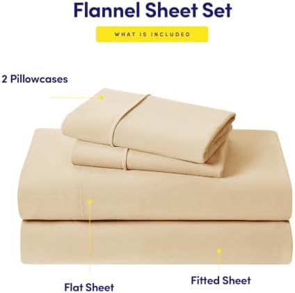 Flannel Sheets Warm and Cozy Deep Pocket Breathable All Season Bedding Set with Fitted, Flat and Pillowcases, Queen, Beige