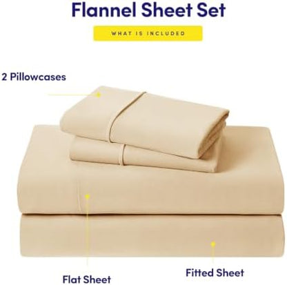 Flannel Sheets Warm and Cozy Deep Pocket Breathable All Season Bedding Set with Fitted, Flat and Pillowcases, Queen, Beige