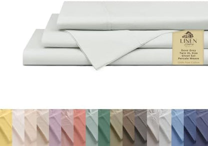 Linen Home 100% Cotton Percale Sheets Twin XL Size, Dove Grey, Deep Pocket, 3 Pieces Set- 1 Flat, 1 Fitted and 1 Pillowcase, Crisp Cool and Long Staple Strong Bed Linen