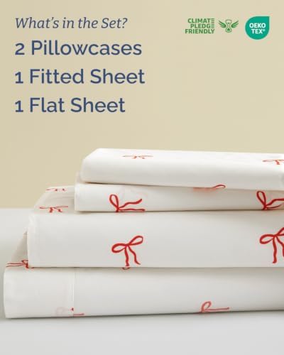 Christmas Sheet Set, Dainty Red Bows, Holiday Xmas Bedding Set - Queen Size