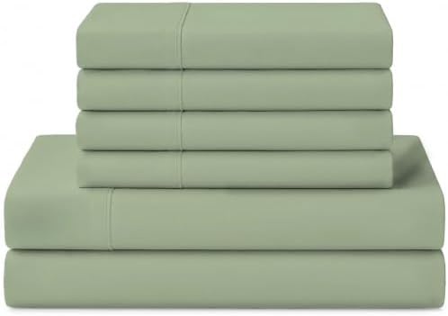Linen Home 100% Cotton Percale Sheets Queen Size, Oil Green, Deep Pocket, 6 Pieces Set- 1 Flat, 1 Fitted and 4 Pillowcases, Crisp Cool and Long Staple Strong Bed Linen