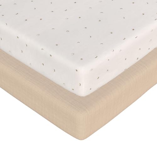 2-Pack Muslin Mini Crib Sheets Girl Boy, Cotton Muslin Pack and Play Sheets Fitted, 27" x 39", Fits Graco Pack n Play Mattress, Playpen Sheets Pack n Play, Oeko-Tex (Neutral Pack n Play Sheets)