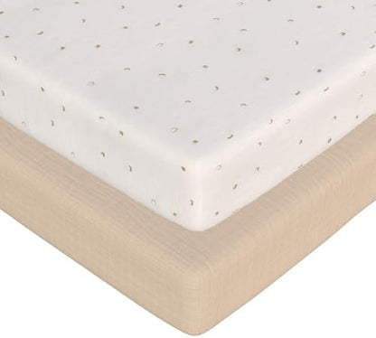 2-Pack Muslin Mini Crib Sheets Girl Boy, Cotton Muslin Pack and Play Sheets Fitted, 27" x 39", Fits Graco Pack n Play Mattress, Playpen Sheets Pack n Play, Oeko-Tex (Neutral Pack n Play Sheets)
