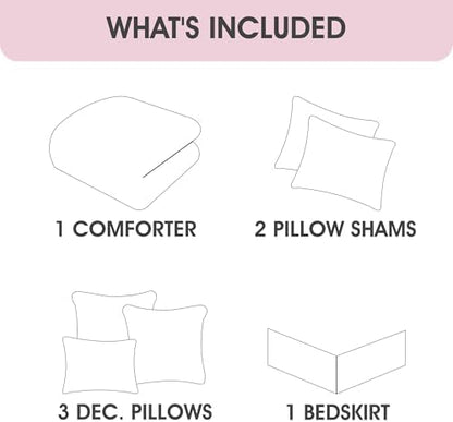LANCO MODERN LIFESTYLE Queen Comforter Set, Pink, Jacquard Clip Striped Design, Elegant Soft 7 Pieces Bedding Set for All Seasons, Matching Bedskirt, Pillow Shams and Decor Pillows