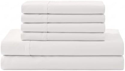Linen Home 6 Piece California King Sheet Set, 100% Cotton Percale, 4 Pillowcases, Deep Pocket with All Around Elastic Sheet, Crisp Breathable Bedding, Hotel Luxury, Long-Staple Combed Cotton, White