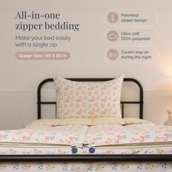Beddy's Flower and Gingham Durable Zipper Bedding for Girls, Bed in a Bag, Floral Comforter & Yellow Gingham Sheets, Includes Pillowcase & Pillow Sham, Easy to Make & Wash - Queen