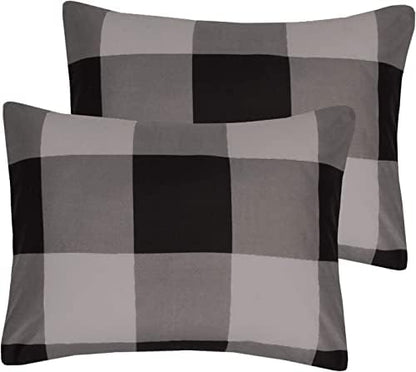7 Piece Comforter Set Bag Solid Color All Season Soft Down Alternative Blanket & Luxurious Microfiber Bed Sheets, Queen, Buffalo Plaid Black/Gray