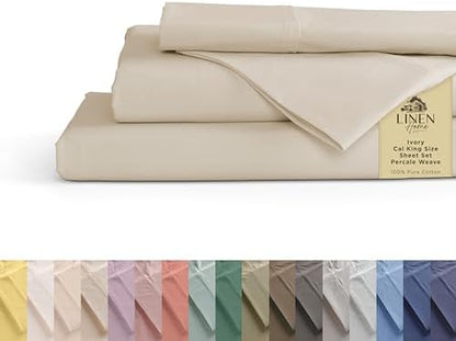 Linen Home 100% Cotton Percale Cal King Sheets 4Pc Cooling Set, Ivory