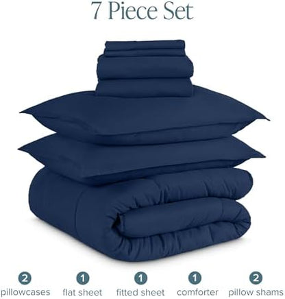 Bare Home Bed-in-A-Bag 7 Piece Set (Queen, Dark Blue/Dark Blue)