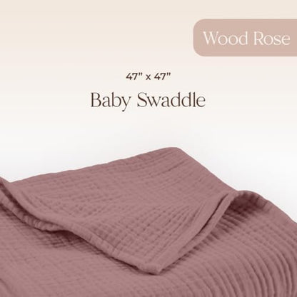 100% Cotton Organic Muslin Baby Swaddle Blanket GOTS & Fairtrade Certified Organic Cotton - Couch Living Room and Bedroom Decor - 4 Layer Super Soft and Cozy (Wood Rose, Baby)