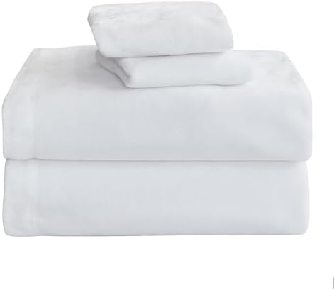 Elegant Comfort Luxuriously Soft 4-Piece Velvet Plush Flannel Sheet Set - Premium Quality - Cozy Warm, Anti-Static, Non Pilling Fuzzy Velvet Flannel Fleece Deep Pocket Sheet Set - Full, White