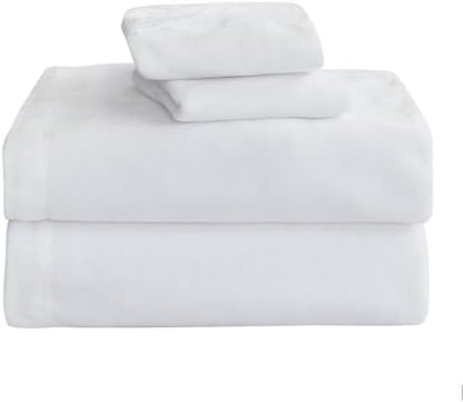 Elegant Comfort Luxuriously Soft 4-Piece Velvet Plush Flannel Sheet Set - Premium Quality - Cozy Warm, Anti-Static, Non Pilling Fuzzy Velvet Flannel Fleece Deep Pocket Sheet Set - Queen, White