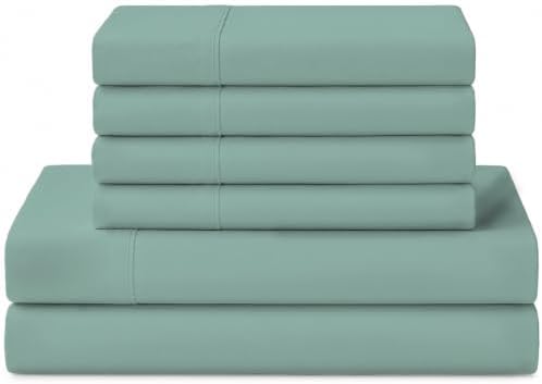 Linen Home 100% Cotton Percale Sheets California King Size, Aqua Blue, Deep Pocket, 6 Pieces Set- 1 Flat, 1 Fitted and 4 Pillowcases, Crisp Cool and Long Staple Strong Bed Linen