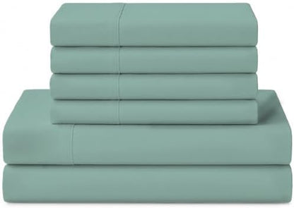 Linen Home 100% Cotton Percale Sheets California King Size, Aqua Blue, Deep Pocket, 6 Pieces Set- 1 Flat, 1 Fitted and 4 Pillowcases, Crisp Cool and Long Staple Strong Bed Linen